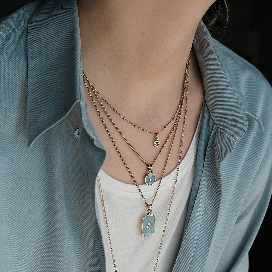 Vintage Blue Enamel Necklace Gold