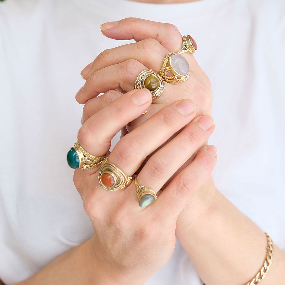 Bohemian Ring Big Brass Green onyx