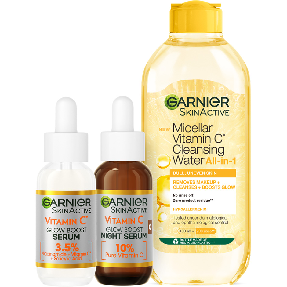 Bilde av Garnier Vitamin C Vitamin C Glow Boost Serum + Micellar Vitamin C Cleansing Water + Vitamin C Double Renew 10% Night Serum