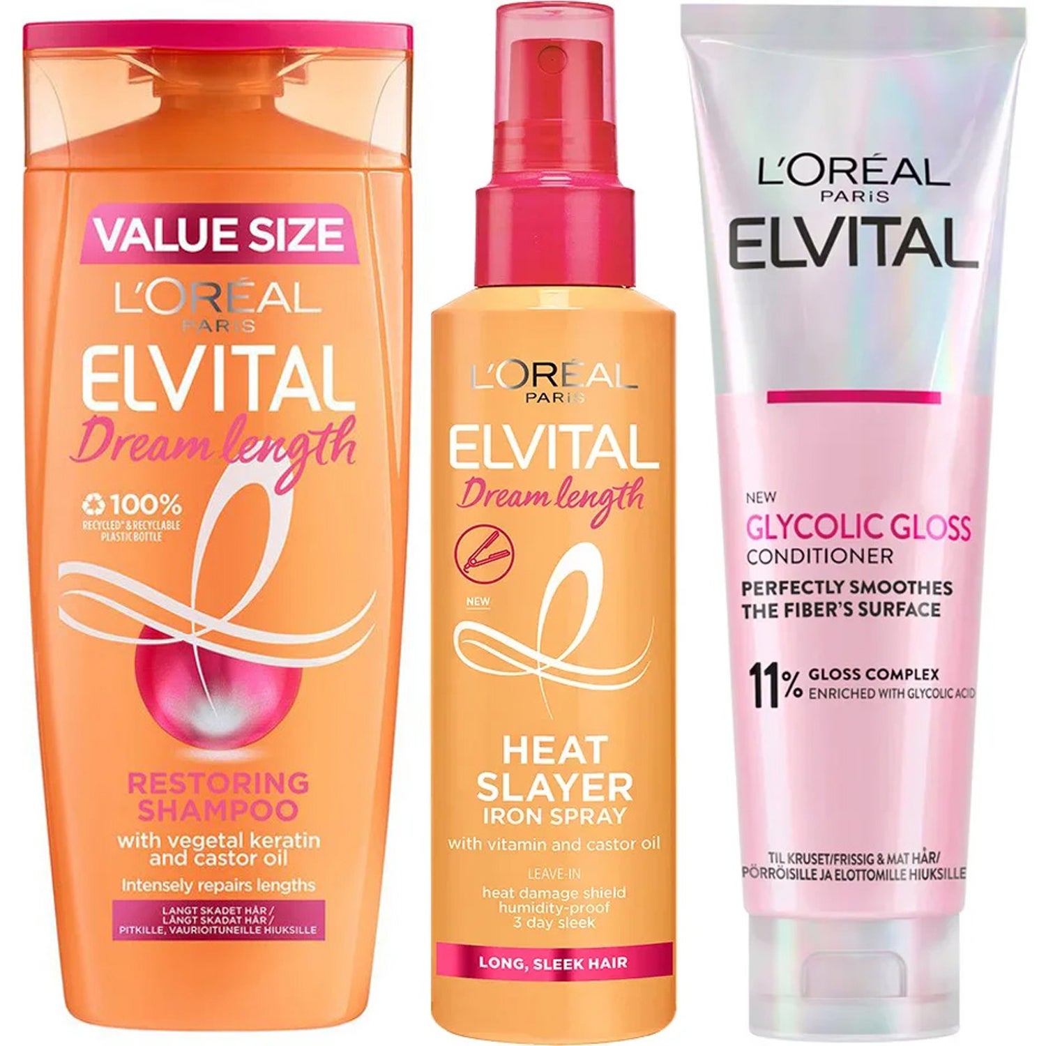 L'Oréal Paris Elvital Dream Trio Shampoo 400ml, Conditioner 300ml & Heat Slayer 150 ml